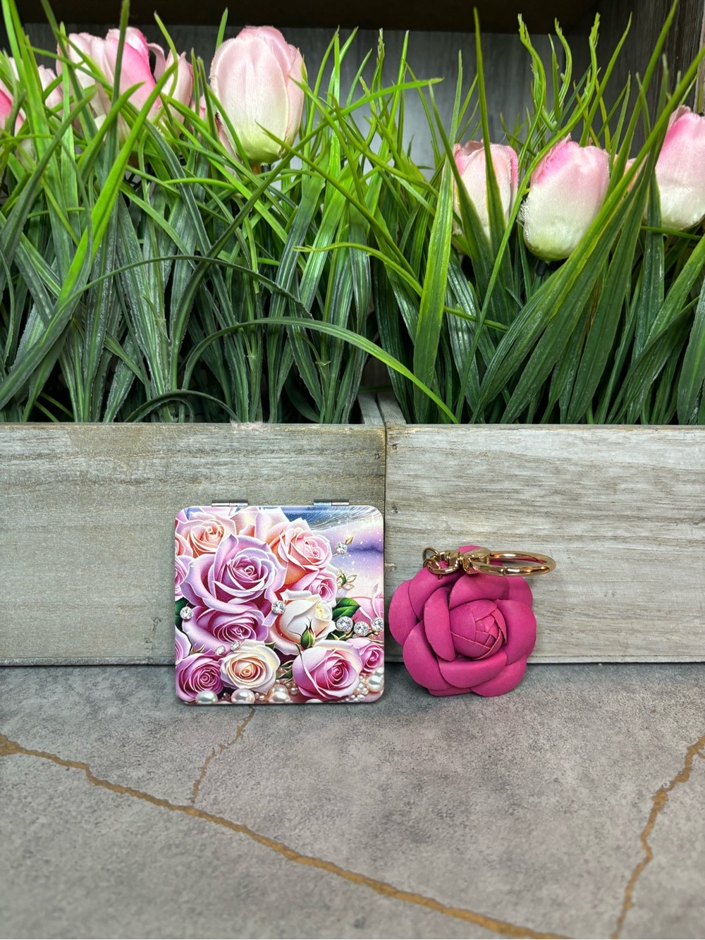 Pink Rose Key & Card Holder Set with Floral Compact and Rose Keyring